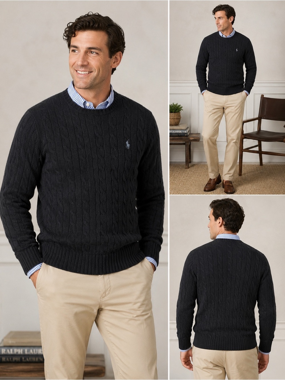 Polo Ralph Lauren Men’s CableKnit Wool Cashmere Crewneck Sweater Black XL $148